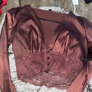 Brown Satin Long Sleeve Top with Lace Detail